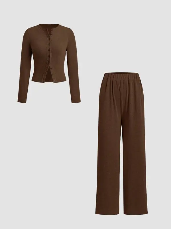 Women’s Ribbed Knit Crop Top & Elastic Waist Pants Two-Piece Set