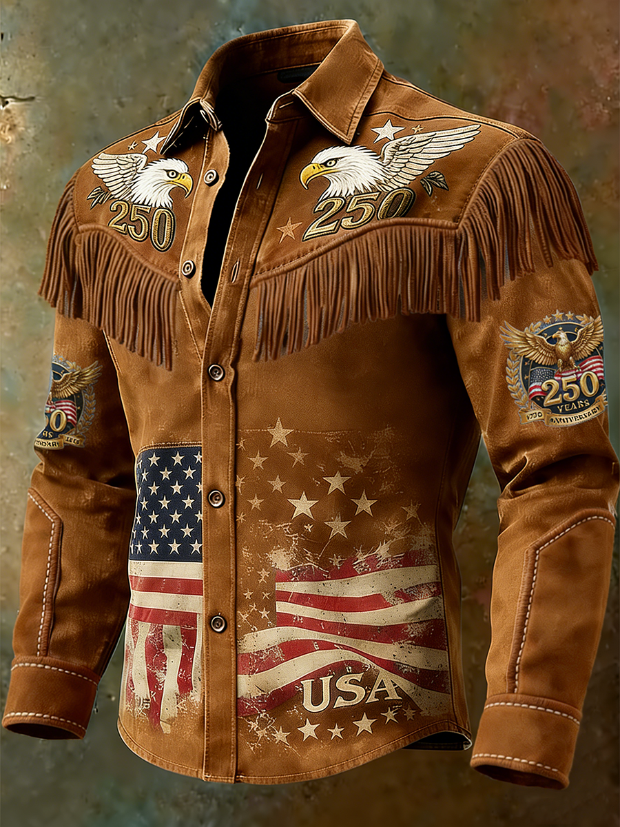 Men's Patriot 250th Anniversary Commemorative White Eagle Art Printed Tassel Western Shirt