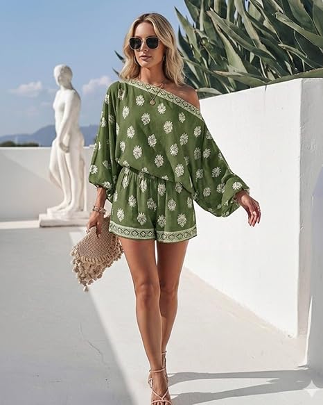 Women's 2 Piece Boho Outfit Lantern Sleeve Linen Top and Shorts Set Beach Vacation Summer Outfits