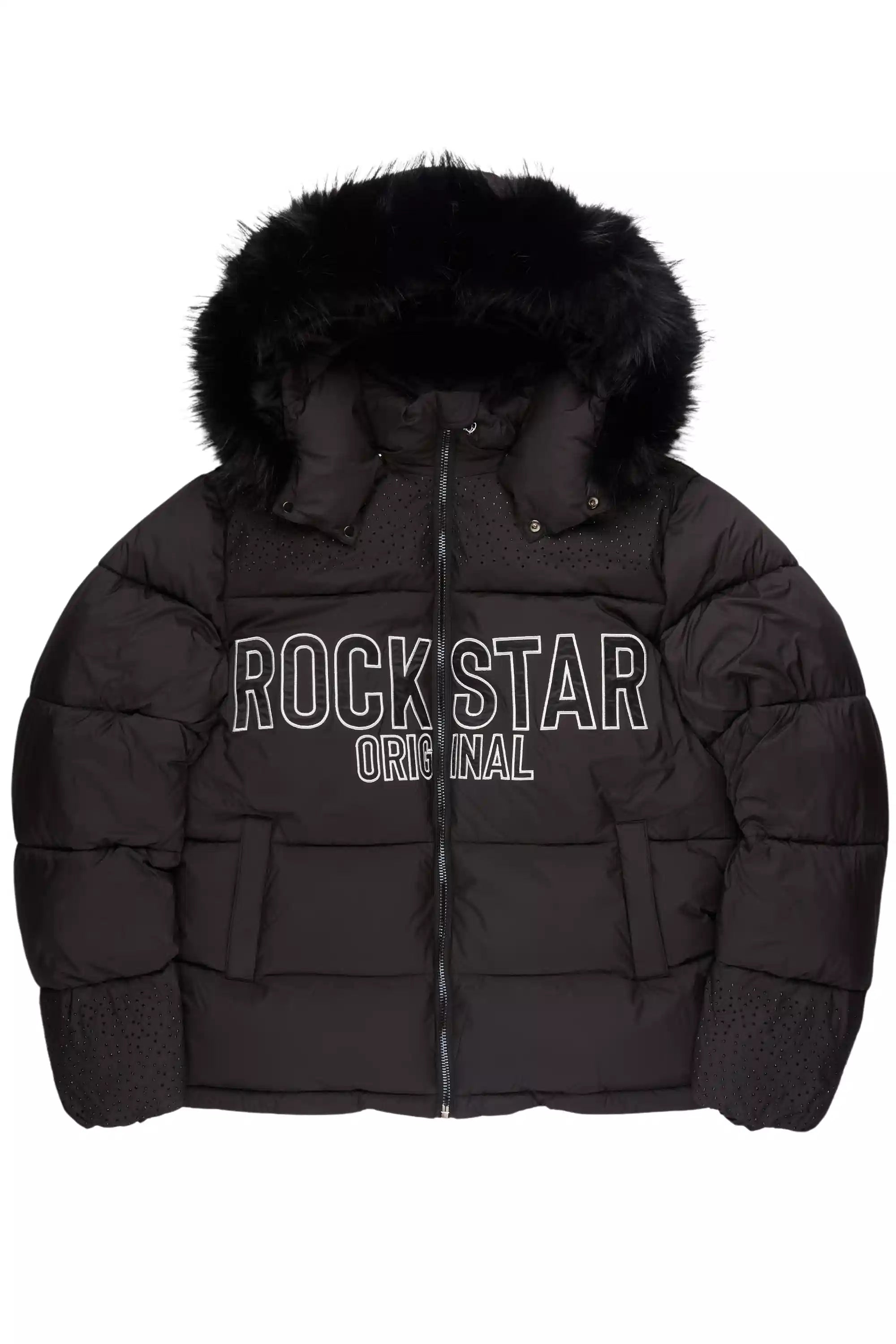 Natia Black Oversized Rhinestone Puffer Jacket
