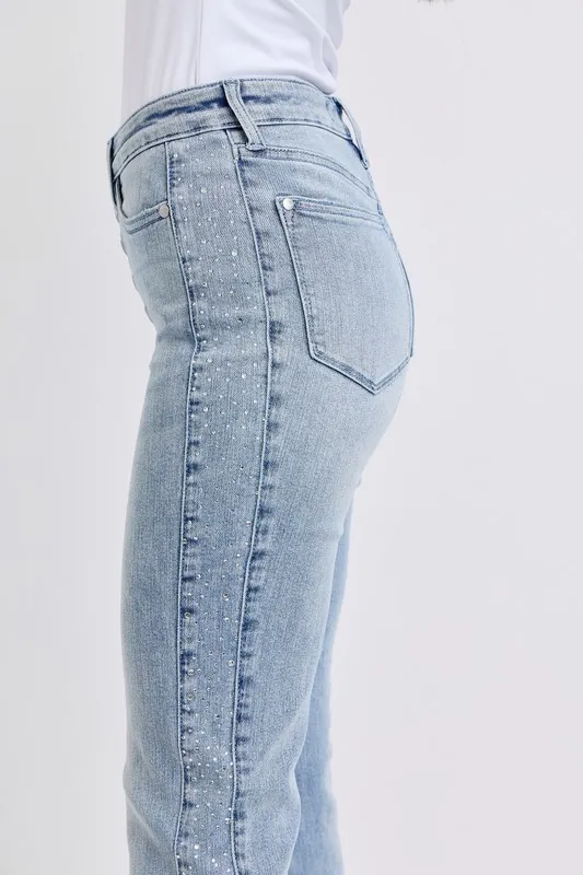 Blue Full Size Midi Rise Rhinestone Side Panel Detail Flare Jeans Plus Size