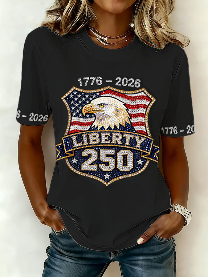 Ladies' Casual American Celebration Brick Lined Round Neck Short Sleeved T-Shirt