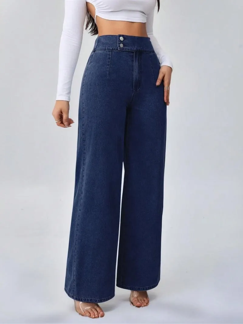 Women's vintage elegant high-waisted wide-leg jeans