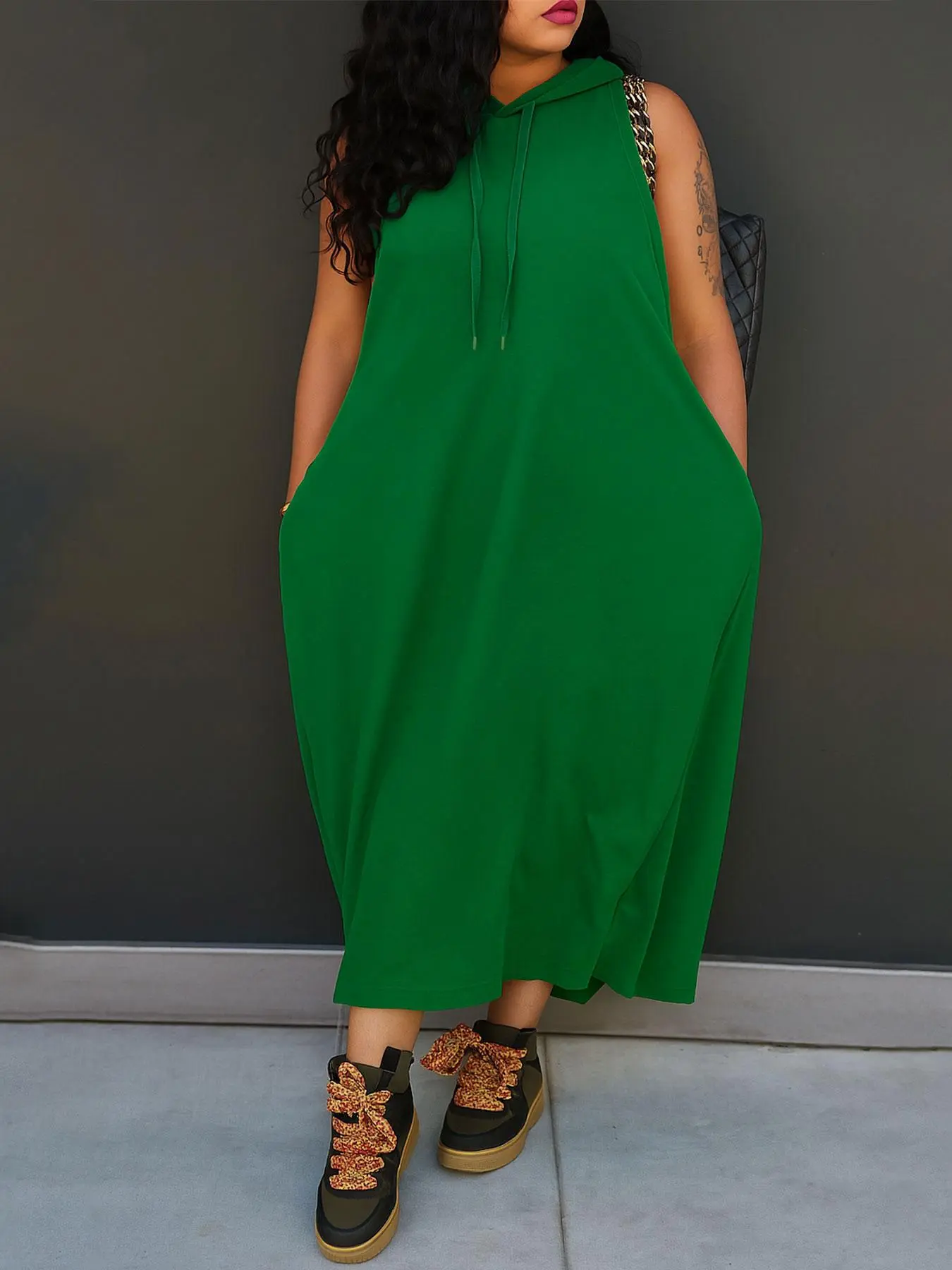 Women's Plain Drawstring Hoodie Tank Dress with Pocket for Summer