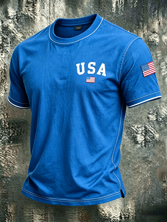 Men'S Casual USA Commemorative Embroidered Printed Round Neck T-Shirt