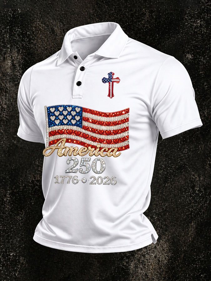 Men'S America Flag Print Casual Polo Shirt