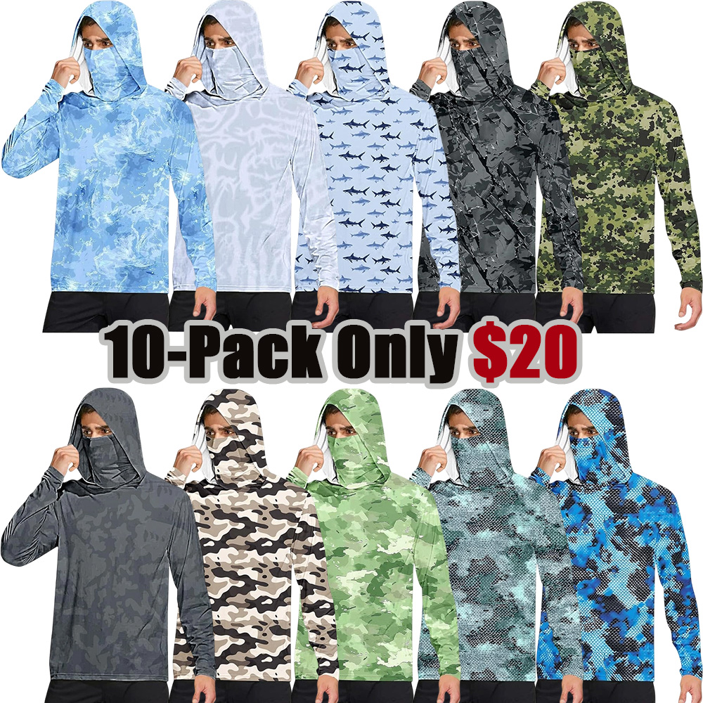Long Sleeve Sun Shirt Men UPF 50+ Rash Guard Cooling Fishing Hoodies with Mask Casual Summer UV SPF Hiking Blouses