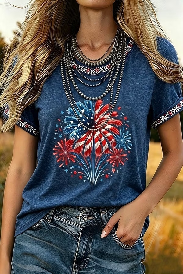 Vintage Patriotic Fireworks Print Round Neck Cotton T-Shirt