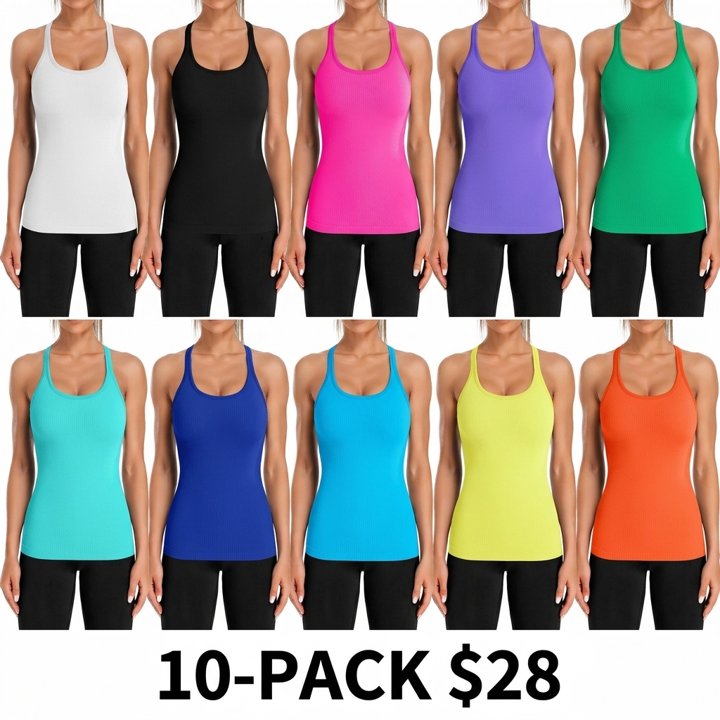 Women's Ribbed Workout Tank Top – Built-in Bra, Racerback, Scoop Neck