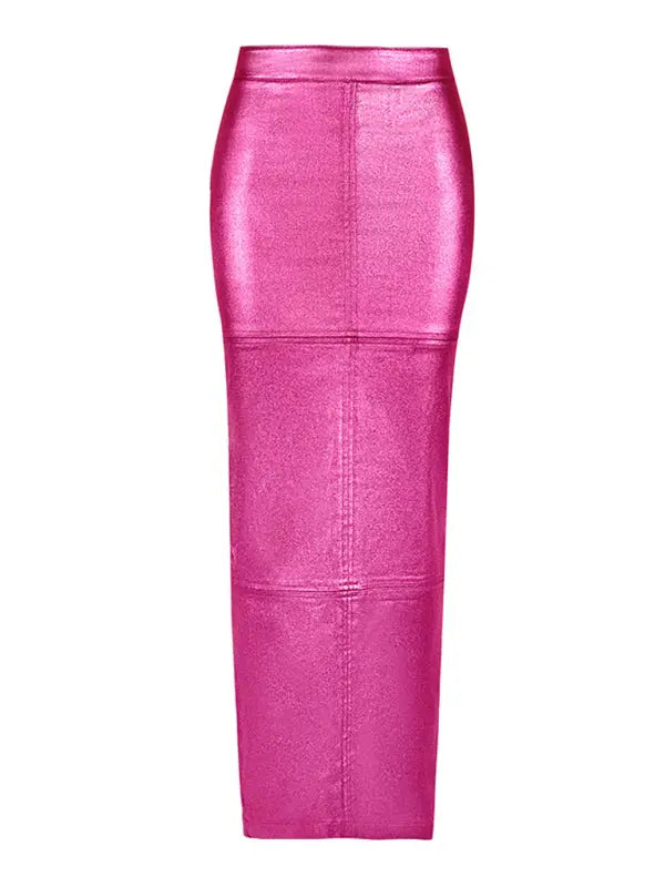 Spliced Slit Slim Fit PU Leather Maxi Skirt - xelpri