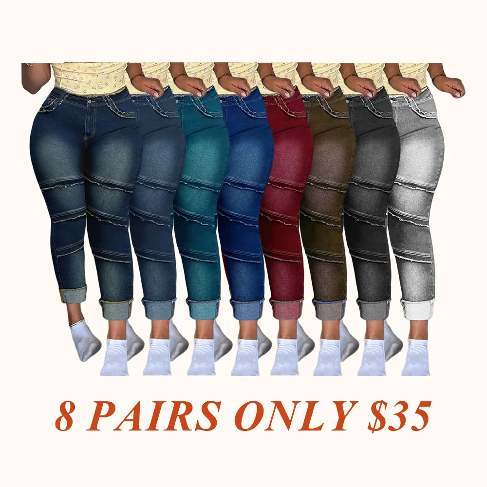 Raw Hem Pocket High Waisted Denim Jeans, Casual Comfy Slim-fitting Trousers for Daily Wear