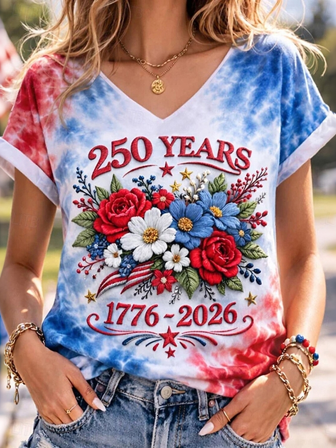 Women'S Casual American Flag Floral Tie Print V-Neck T-Shirt