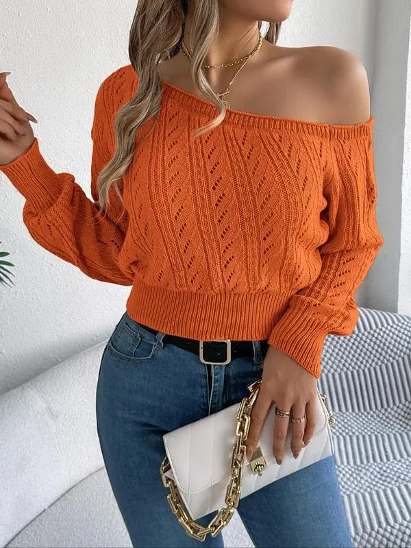 Women's Fall Asymmetrical Neck Hollow-Out Raglan Sweater