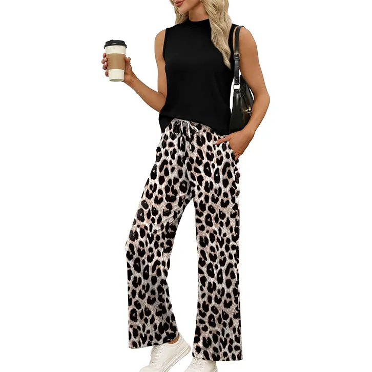 Two Piece Set for Women Summer Spring Outfits Cruise Travel Airport Beach Vacation Mock Neck Wide Leg Pants Set