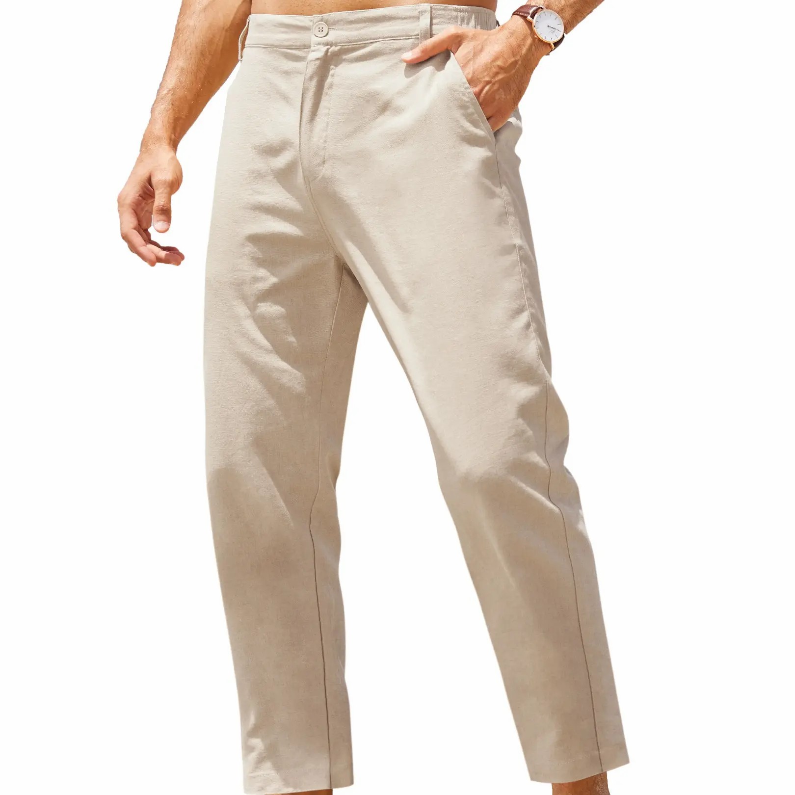 Men’s Lightweight Cotton Linen Pants – Elastic Waist Casual Beach Trousers