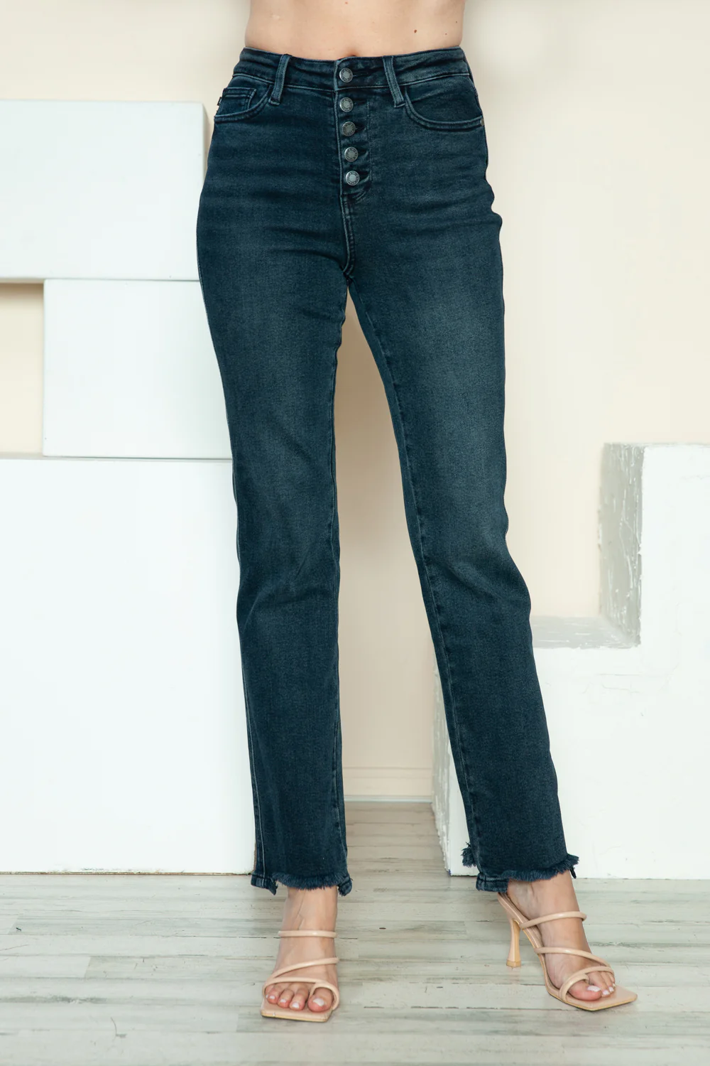 Blue Full Size Button Fly Hem Destroy Straight Jeans