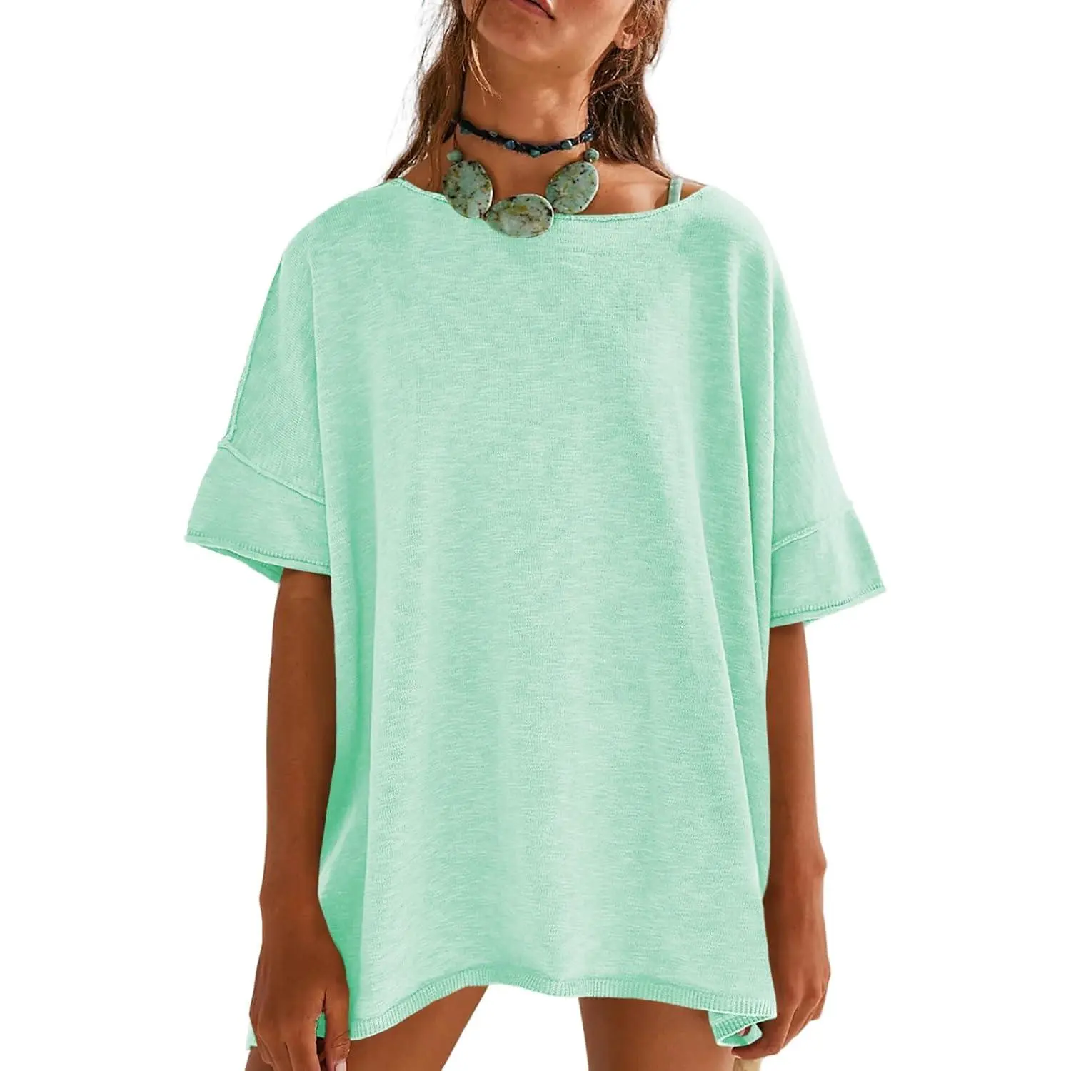Women's Loose-Fit T-Shirt – Casual Summer Crew Neck Drop-Shoulder Short-Sleeve Top with Side-Slit Hem