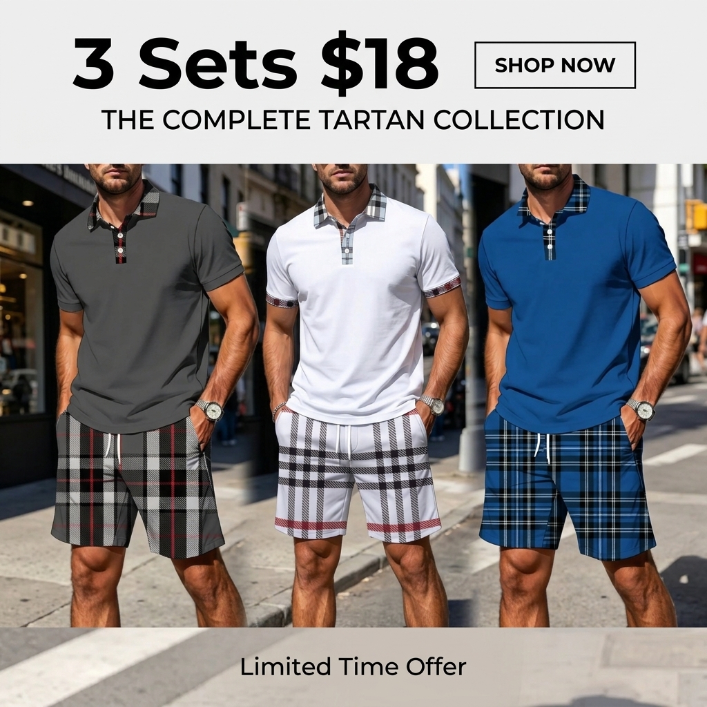 Men's Plaid Polo Shirt & Shorts Set – Casual Summer 2-Piece Outfit with Pockets