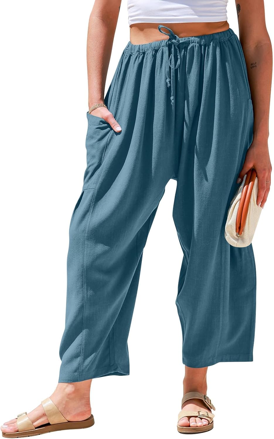 Womens Linen Wide Leg Pants Casual Loose Drawstring Summer Beach Travel Vacation Palazzo Harem Pants with Pockets