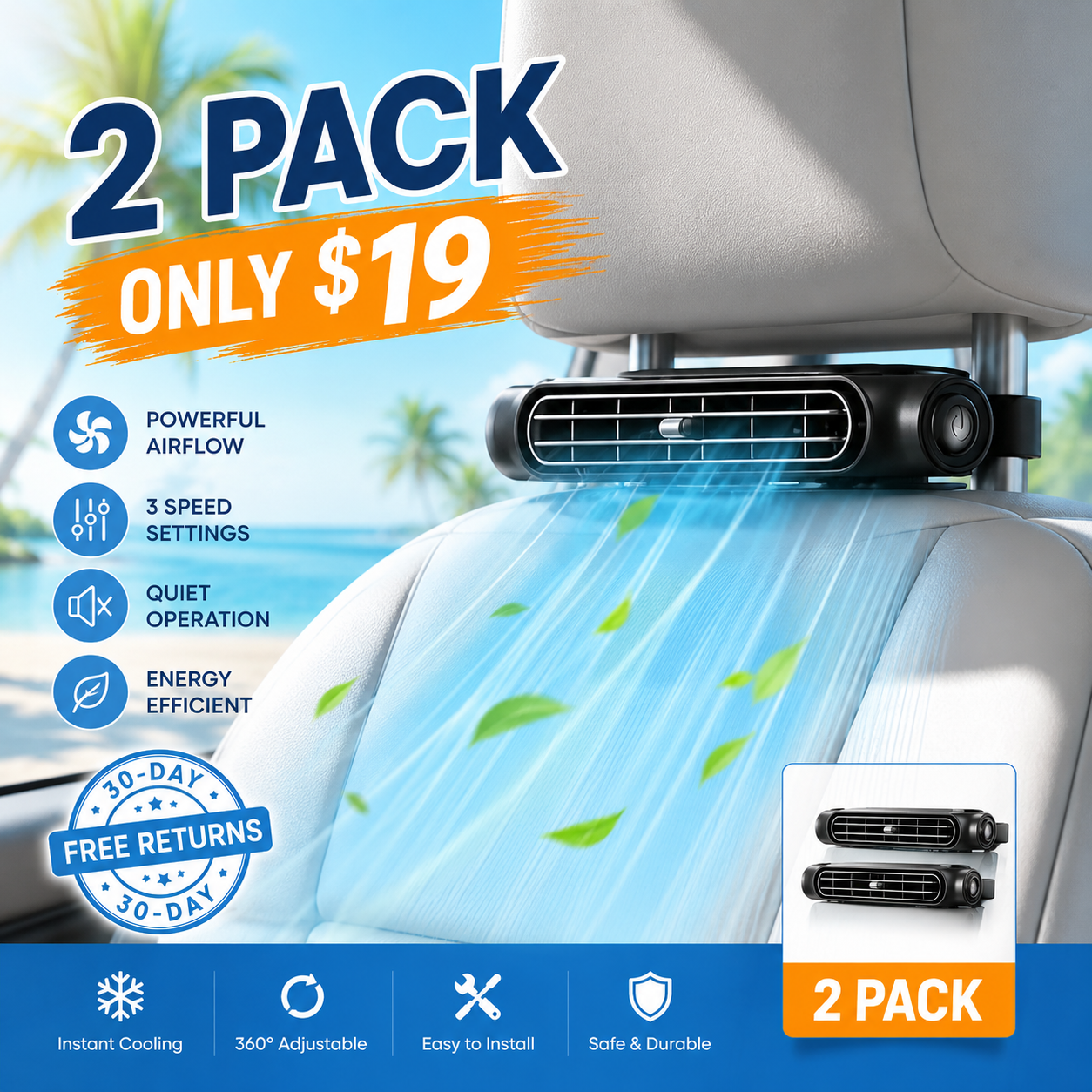 🎁Car Seat Velcro Fan: 3 Adjustable Speeds, Built-In 3000mAh Battery, USB Charging, Suitable For Cars, Golf Carts, And Travel RVs