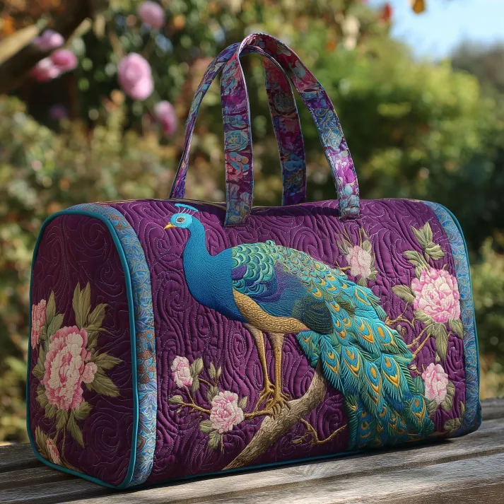 Peacock Blossom Garden Quilted Duffle Bag 🦚🌸