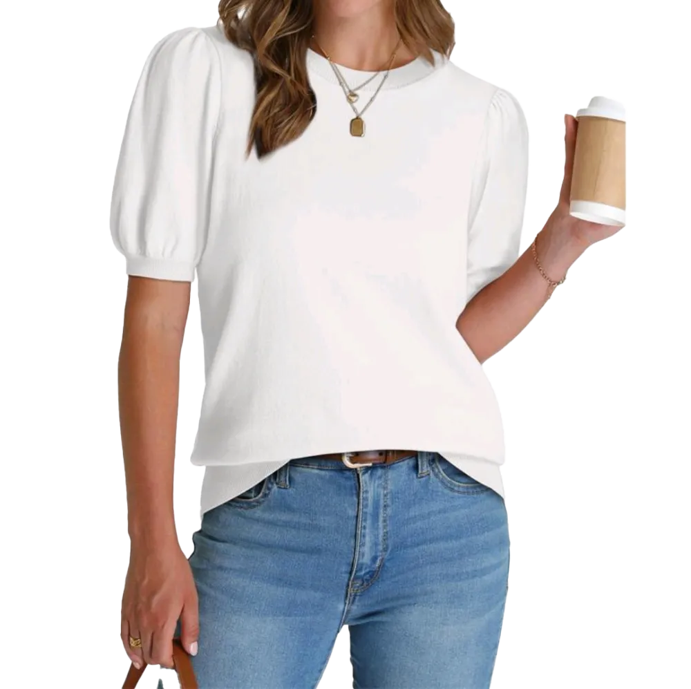 OFEEFAN Women's Puff Short Sleeve Sweater – 2025 Spring/Summer Trendy Business Casual Work Blouse