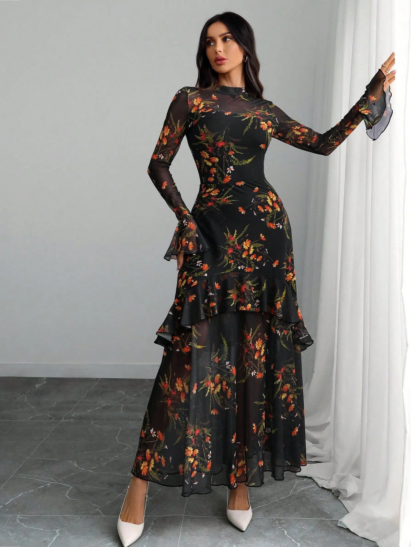 Women's Gothic Elegant Sexy Mesh Splicing Colorful Print Retro Petal Sleeves Ruffle Mermaid Hem Double Layer Dress