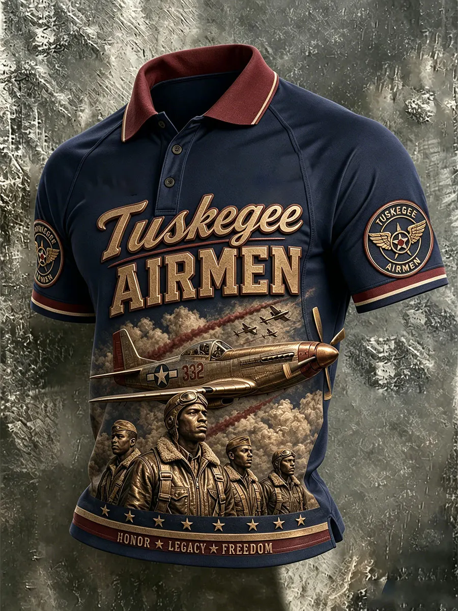 Tuskegee Airmen Vintage Red Tail Fighter Aviation Tribute Polo Shirt