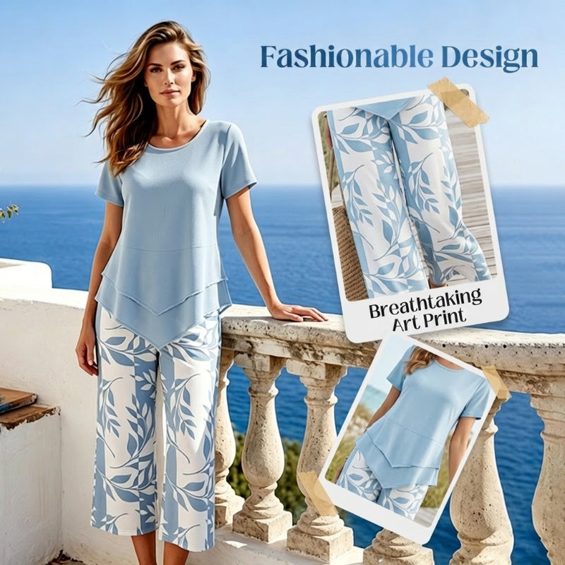 👗LIMITED-TIME 50% OFF! 🍃 Casual 2-Piece Set – Layered Tunic Top & Printed Wide-Leg Pants, Lightweight Polyester 🌸