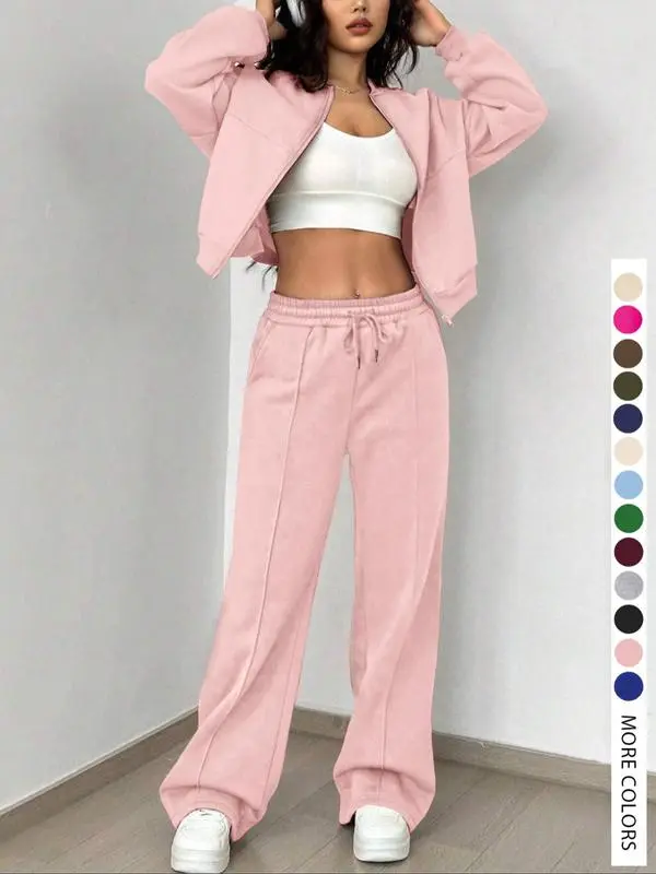 🔥Two-piece Set Women's Solid Zip Up Drop Shoulder Jacket & Pocket Elastic Waist Pants, Casual Fashion Cozy Breathable Two Piece Outfits for Daily Outdoor Wear, Ladies Clothes for All Seasons