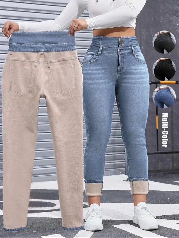 Women's High Elasticity Fleece Lined Thick Denim Jeans