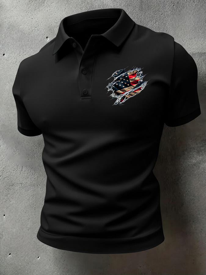 Men'S American Flag Printed Casual Polo Shirt