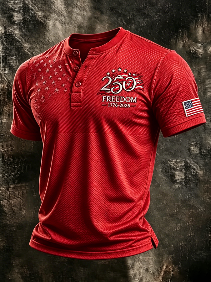 Men'S 250th Anniversary of the United States Print Casual Henry Collar Top