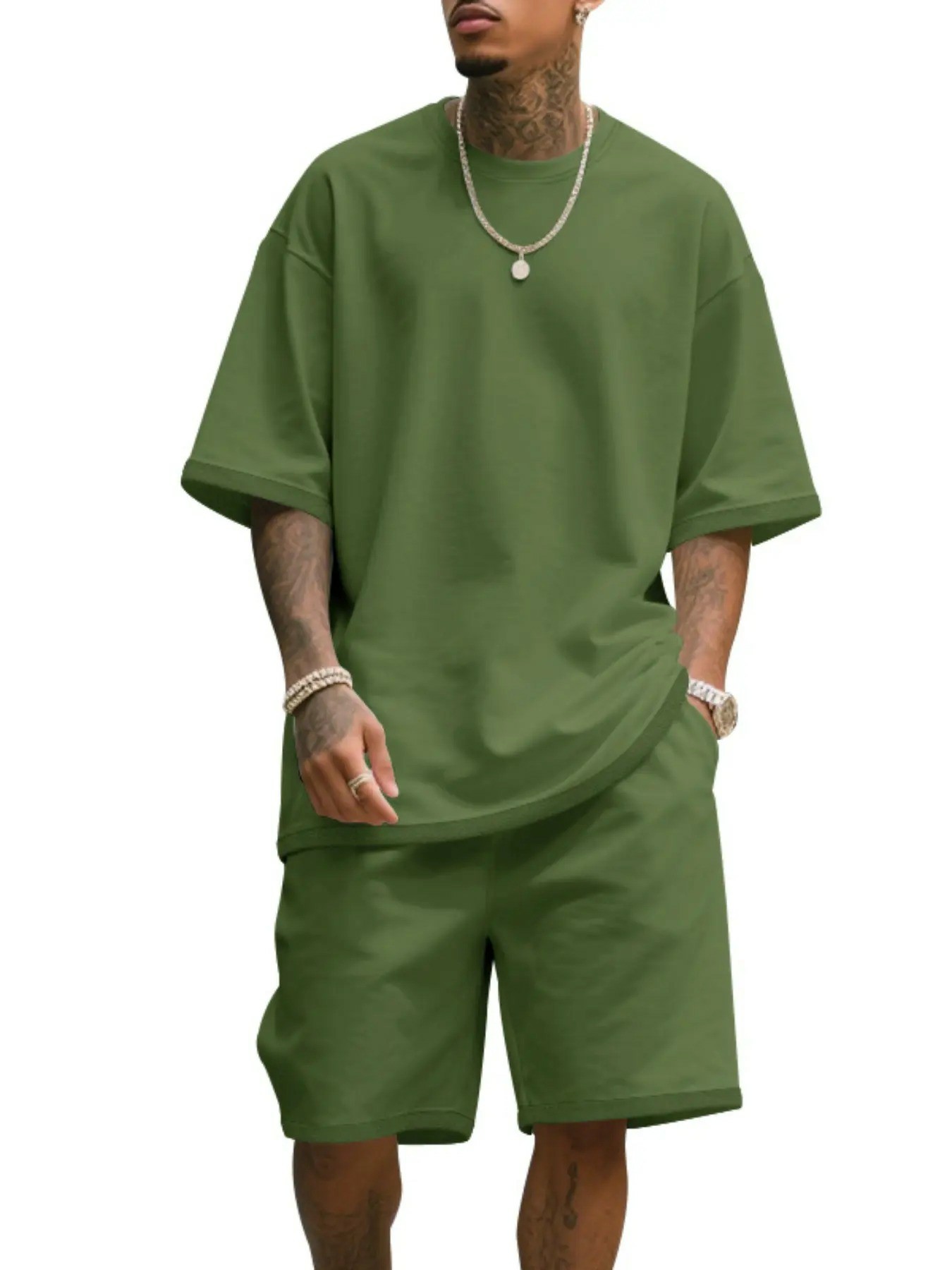 Men's Summer Casual Set, Pure Color Round Neck Short Sleeve Tee & Shorts