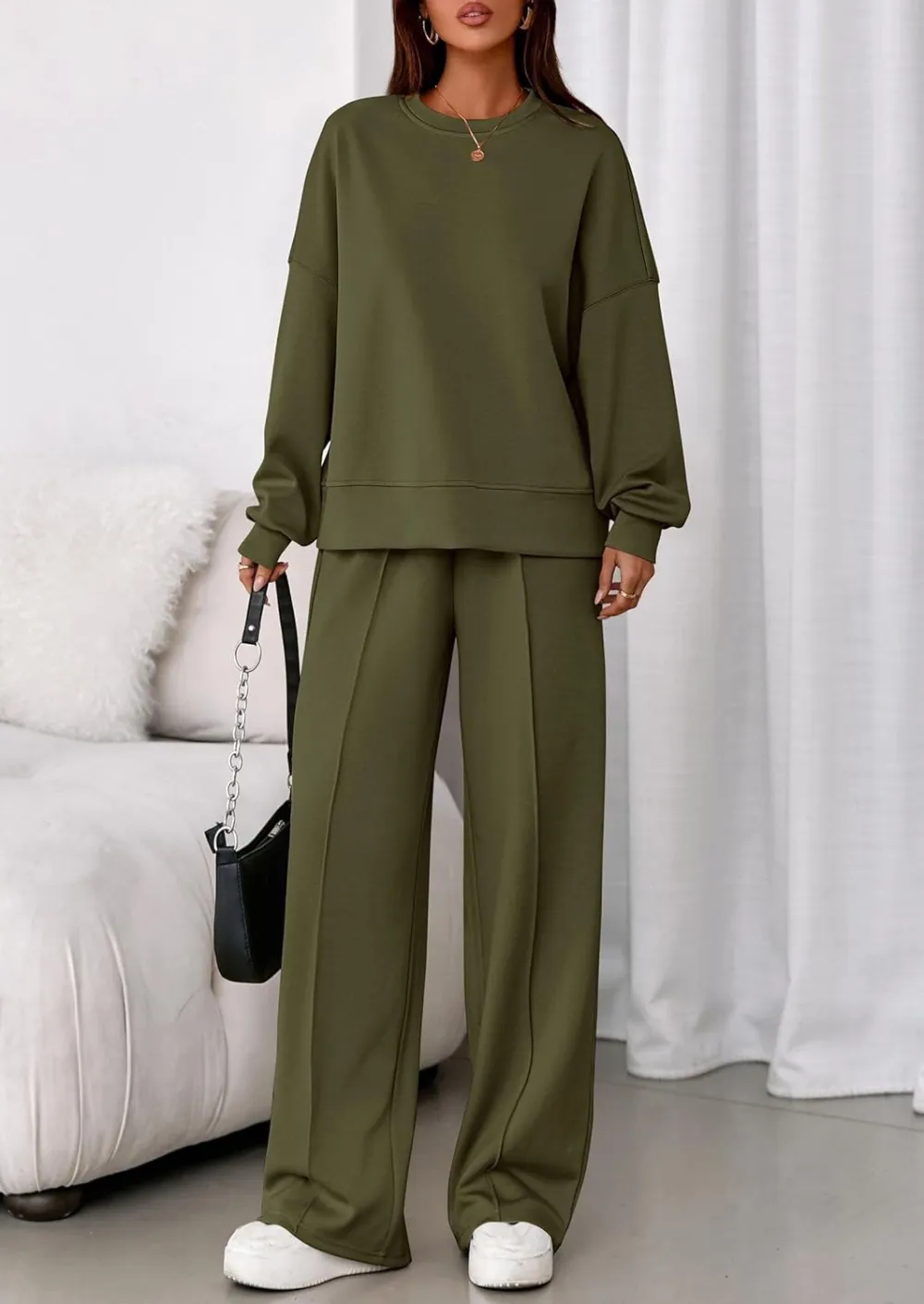 2 Piece Sets For Women Fall Trendy Long Sleeve Sweatshirt Wide Leg Pants Loungewear