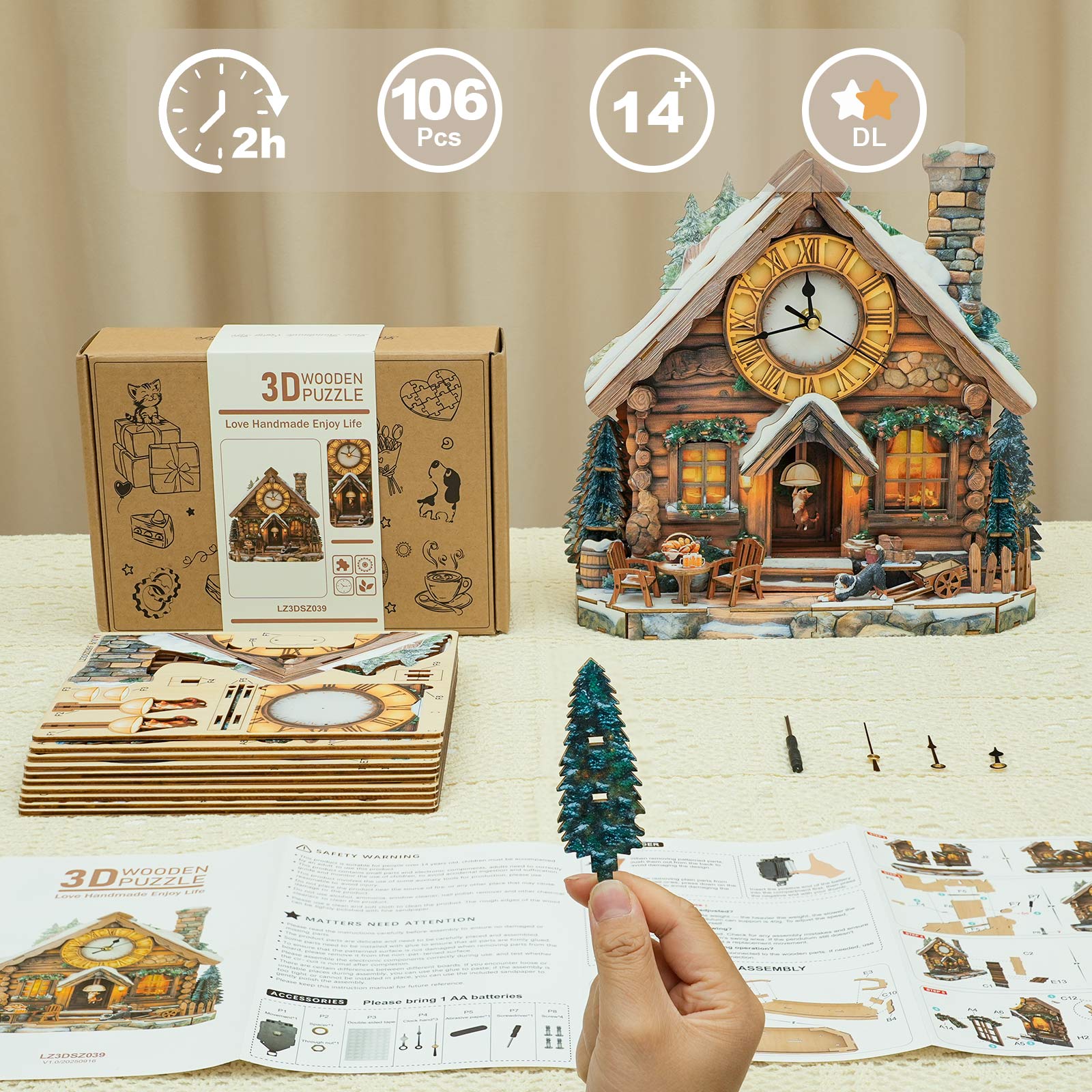Swiss Chalet DIY Wooden Clock, 3D Puzzle Craft Kit