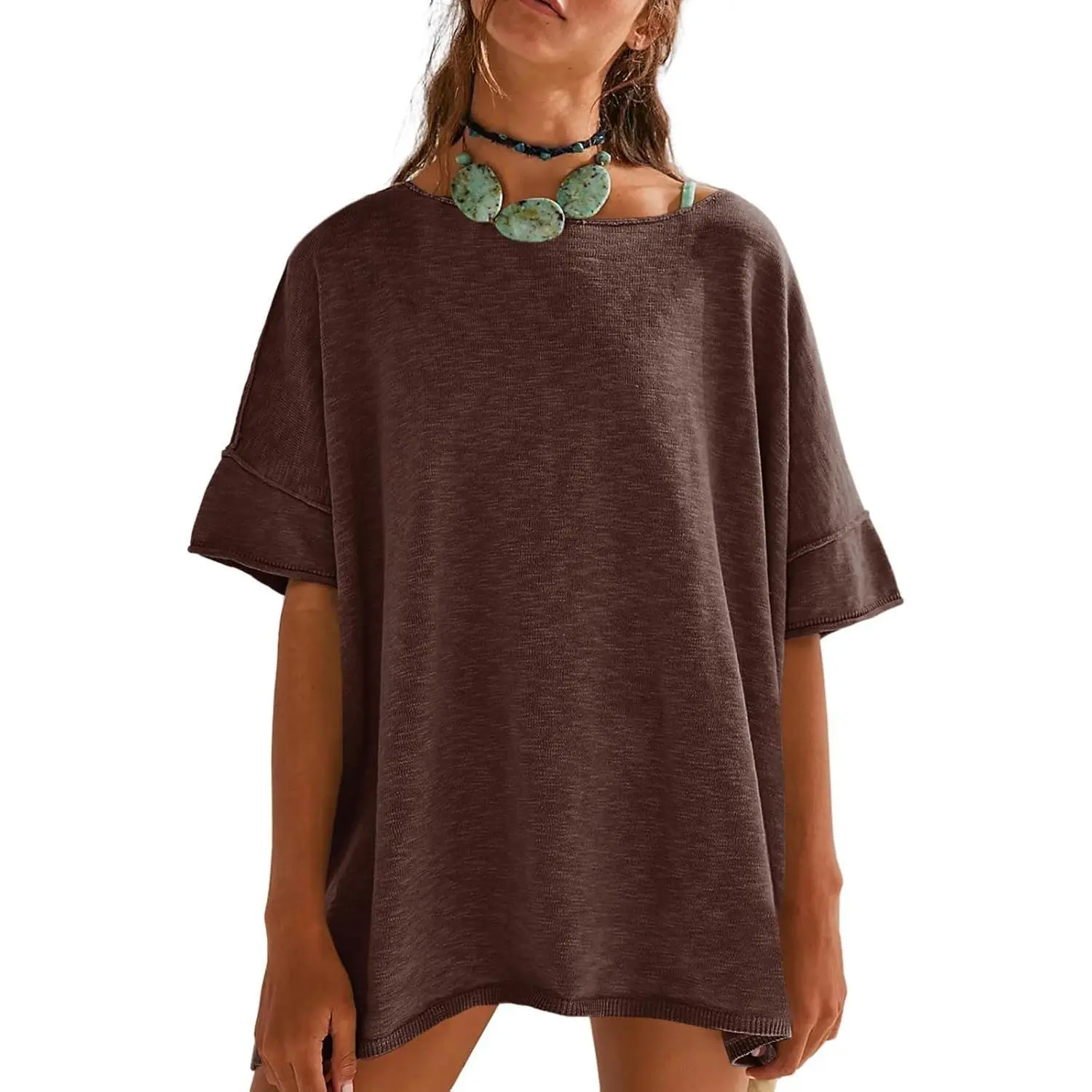 Women's Loose-Fit T-Shirt – Casual Summer Crew Neck Drop-Shoulder Short-Sleeve Top with Side-Slit Hem