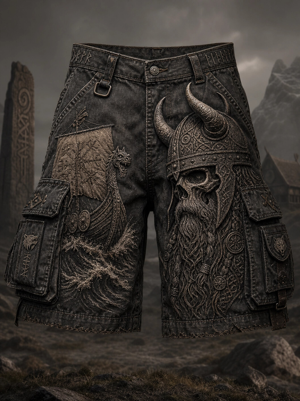 Men's Viking Skull And Longship Art Print Casual Shorts