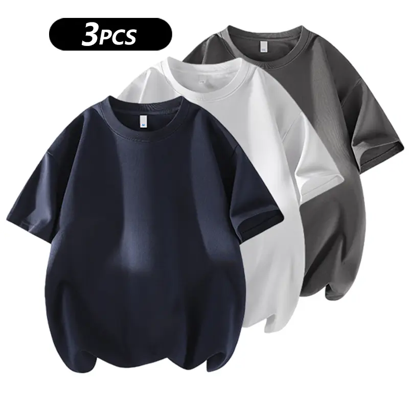 Men's 3PCS 100% cotton Crew Neck T-Shirts Set - Soft Loose Fit Navy Gray Black Tees for Casual Daily Wear