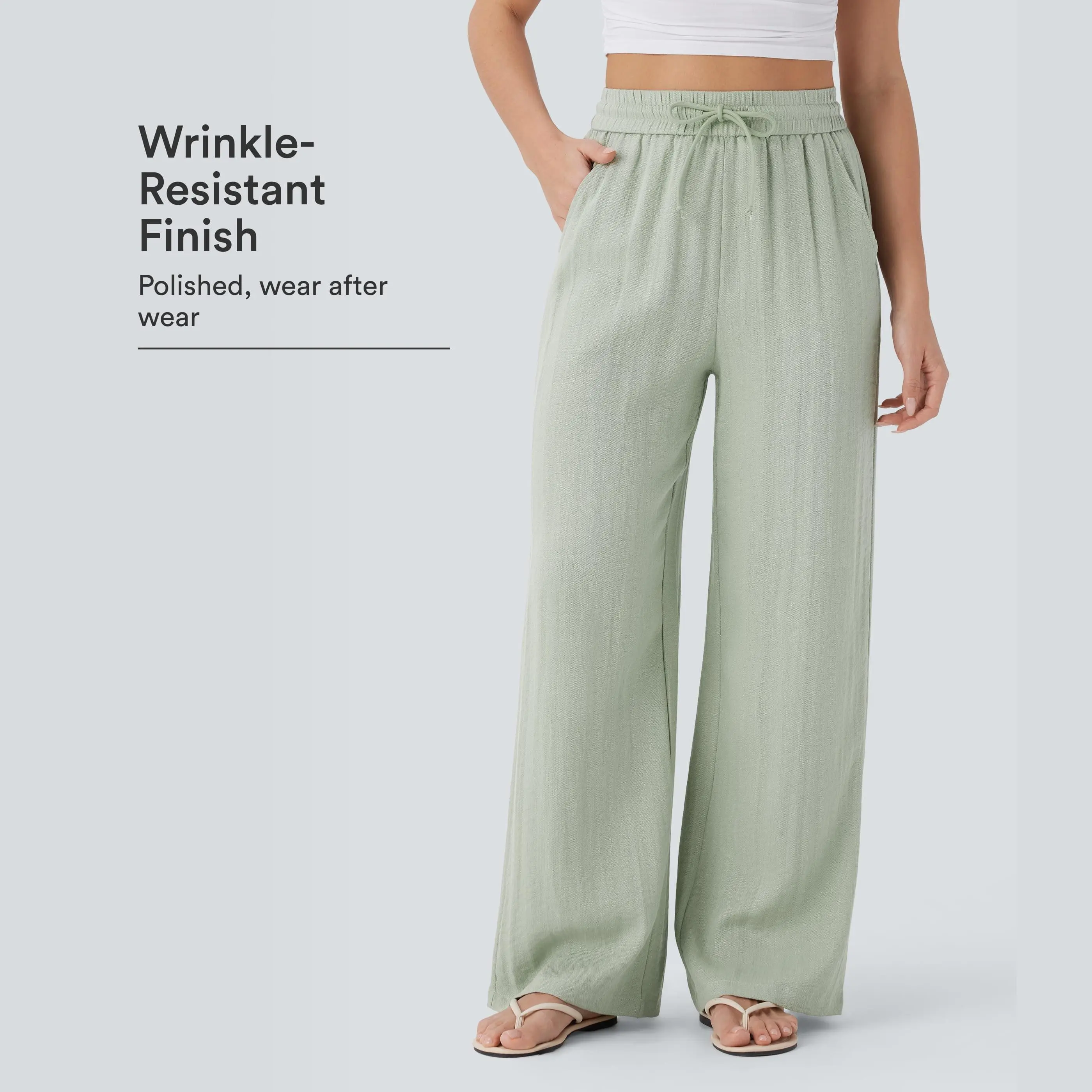 High Waisted Drawstring Wide Leg Casual Pants