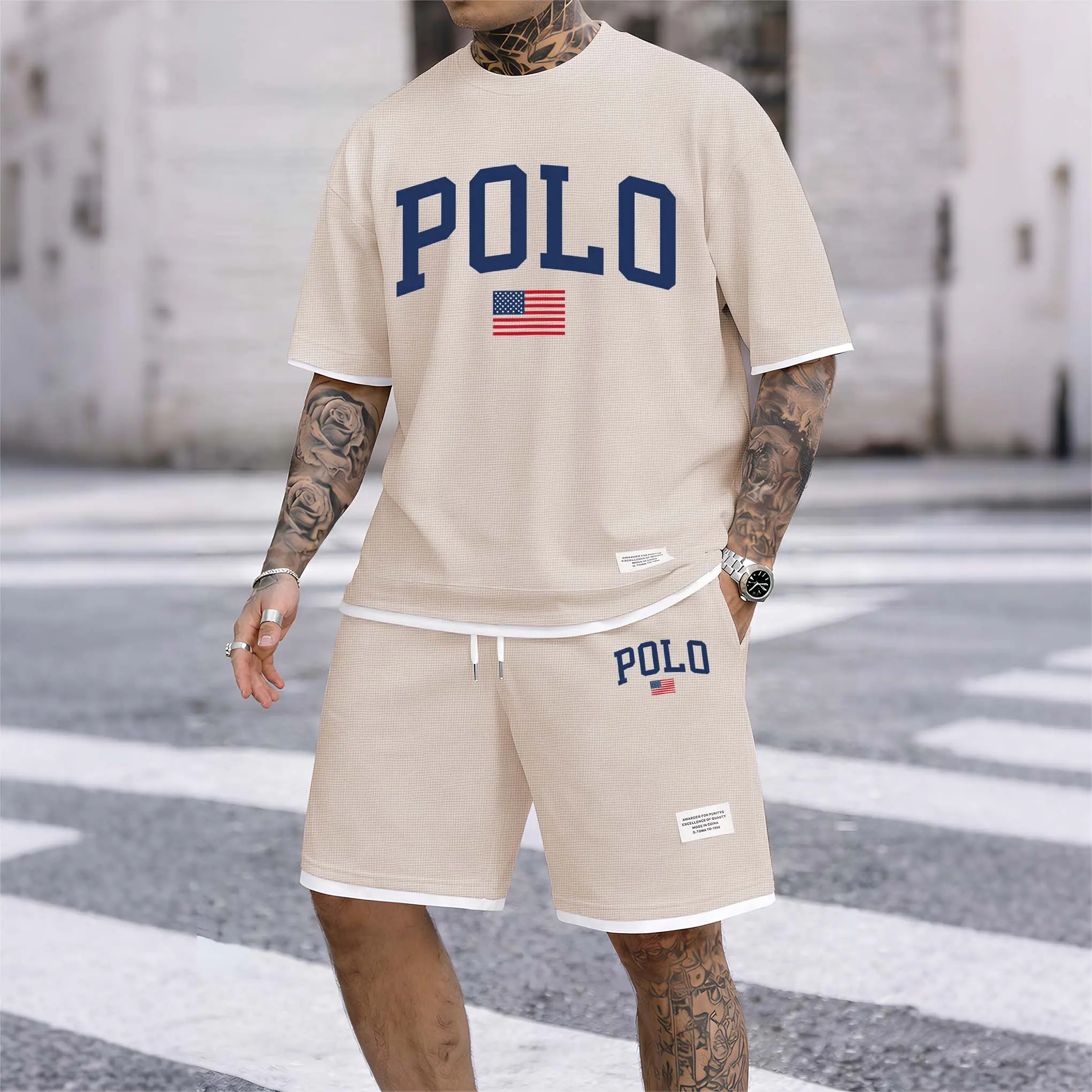 Men's Polo Print Drawstring Shorts Set For Spring/Summer- A Casual Summer Outfit, Including A Short-Sleeved Shirt And Shorts