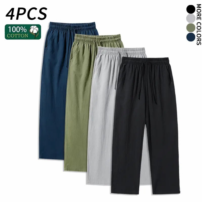 4-Pack 100% Cotton Linen Wide Leg Pants | Breathable Drawstring Summer Pants for Men & Women