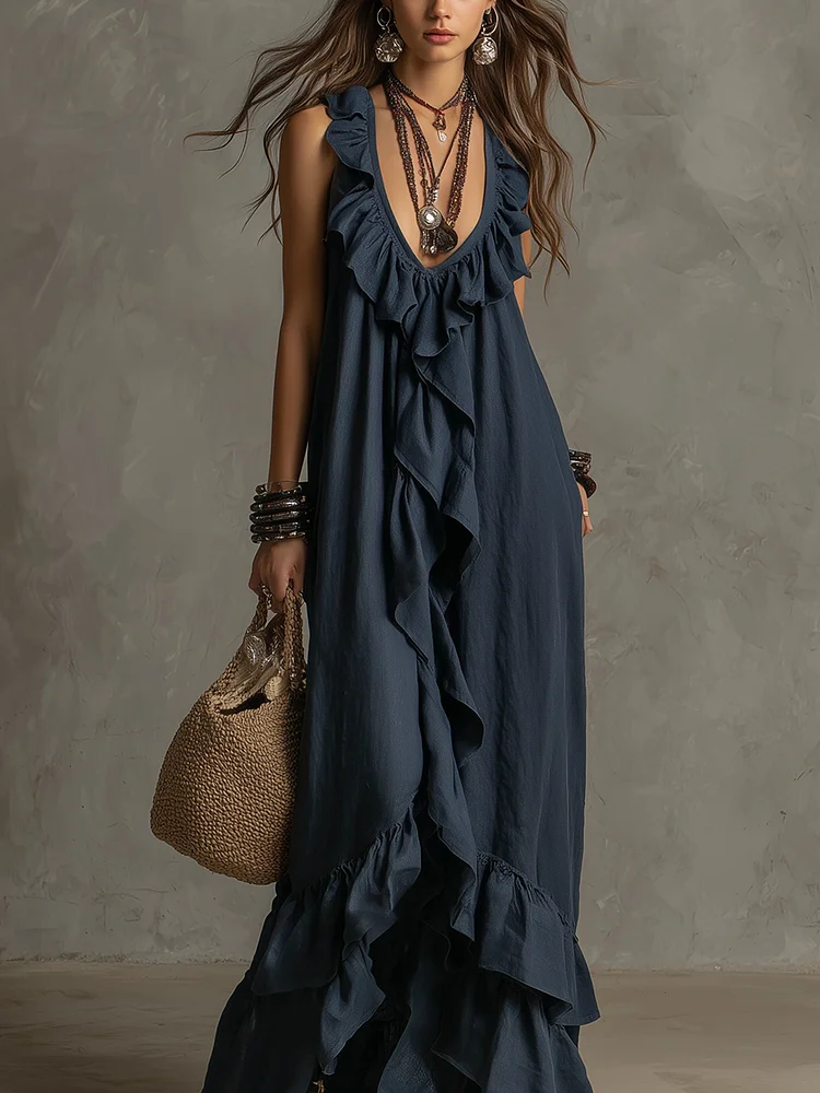 Elegant Bohemian V Neck Ruffle Maxi Dress