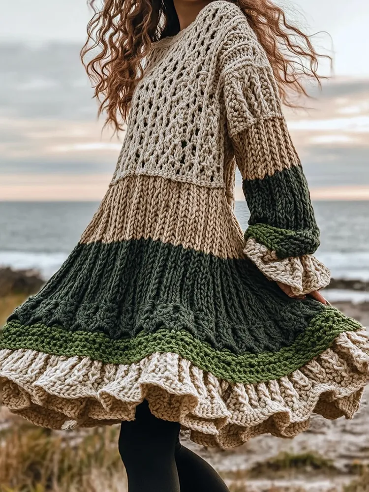 Women's Celtic Knotted Color Block Jacquard Crew Neck Sweater Dress