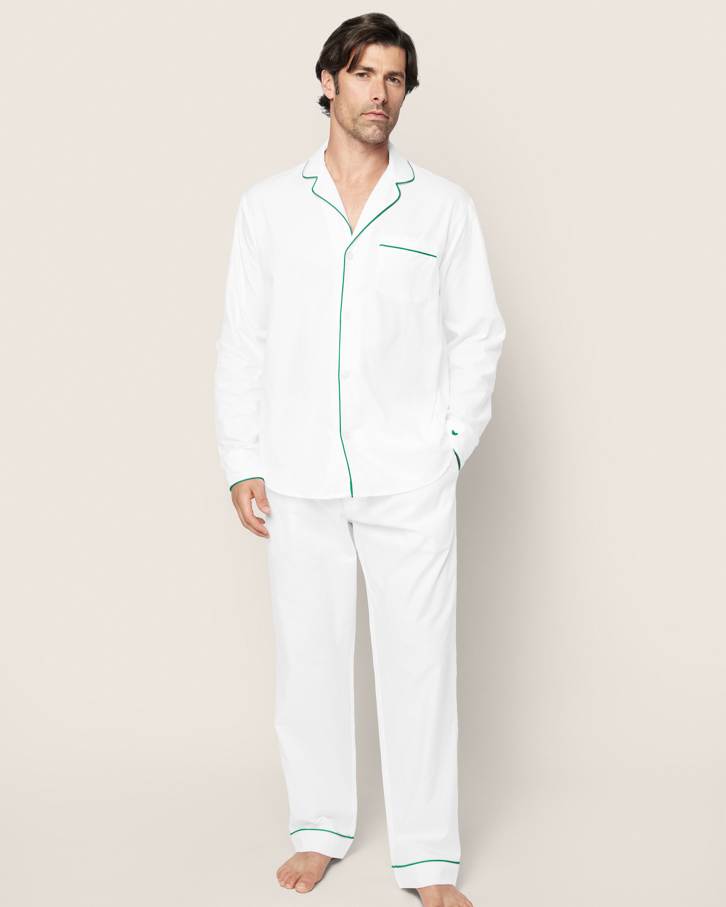 Men's Twill Pajama Set in White with Green Piping