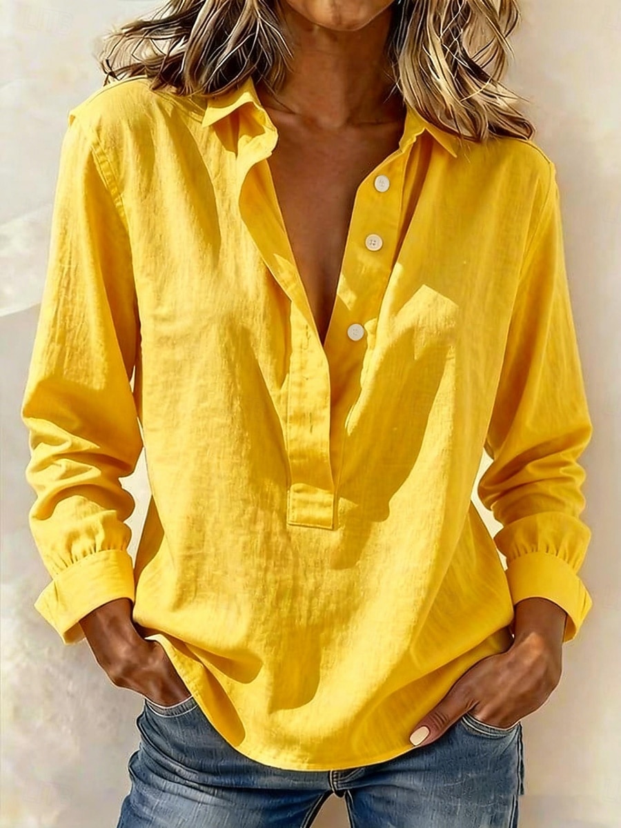 Women's Solid Color Lapel Casual Long Sleeve Cotton Linen Shirt