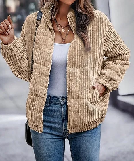Women's Bomber Jacket Corduroy Ribbed Quilted Zip Up Long Sleeve Winter Coat Fall Outerwear Tops with Pockets