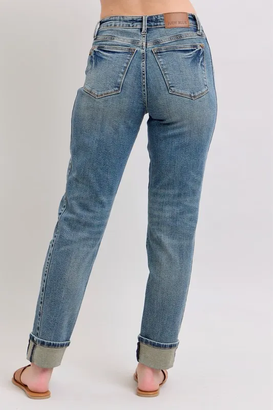 Blue Full Size Mid Rise Vintage Wash Double Roll Cuff Boyfriend Jeans Plus Size
