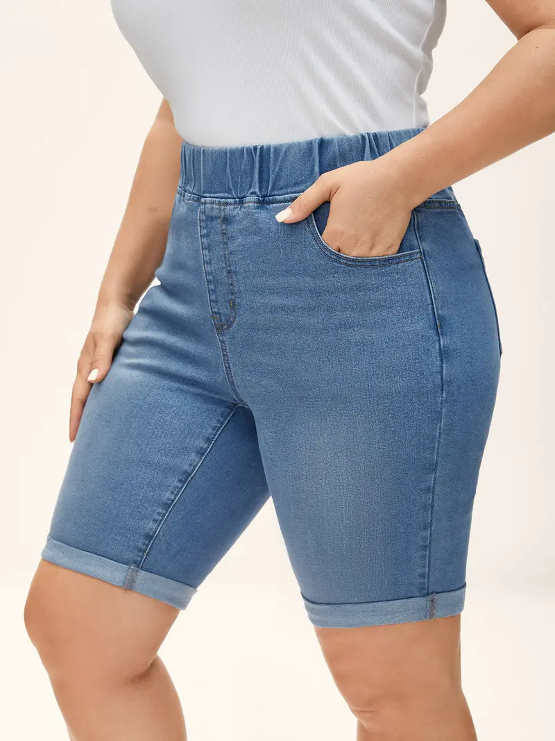Plus-size high-waisted stretch denim shorts