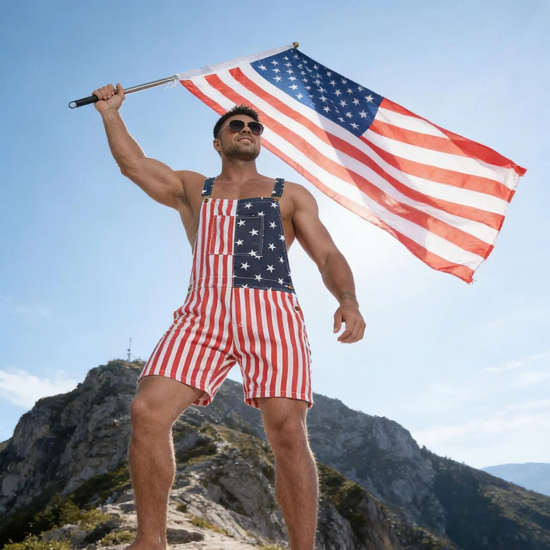 4th of July American Flag Overalls for Men and Women Unisex USA 250th Anniversary Shorts Stretchy Denim Romper Memorial Day Coveralls Patriotic Gifts Summer Wins Wear Independence Day Jumpsuits Fashion Father's Day BBQ Outdoor Menswear